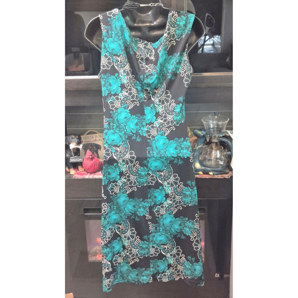 Connected Apparel Teal Black Floral Cowl Neck Ruched Sheath Dress Womens 12 - Picture 7 of 12
